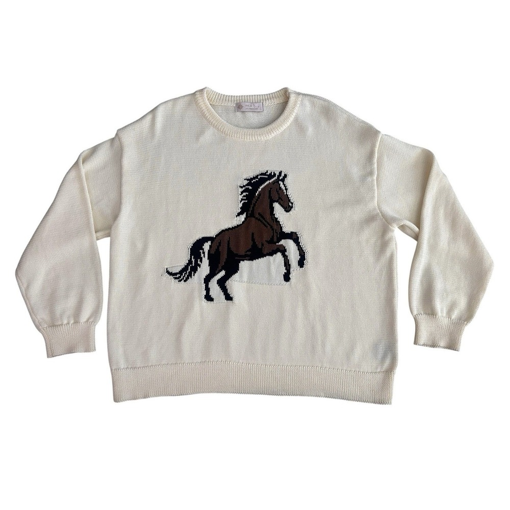 Leela &‎ Lavender Horse Knit Sweater Women's Large Western Chic Cream Neutral